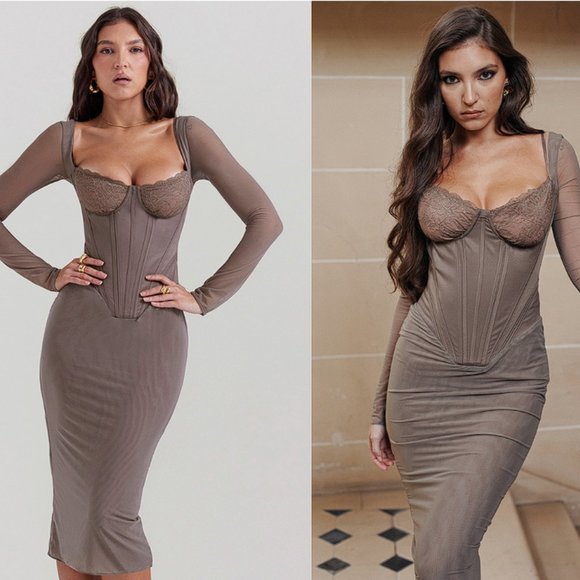 House of CB ‘Safran’ Mocha Corset Midi Dress NWOT - Picture 1 of 9